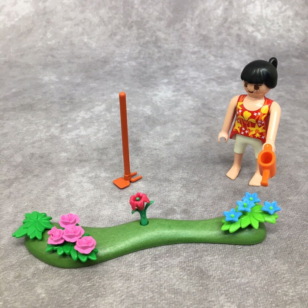 Playmobil Flower Garden, Watering Can, Figure, Grass Base - Roses have some wear